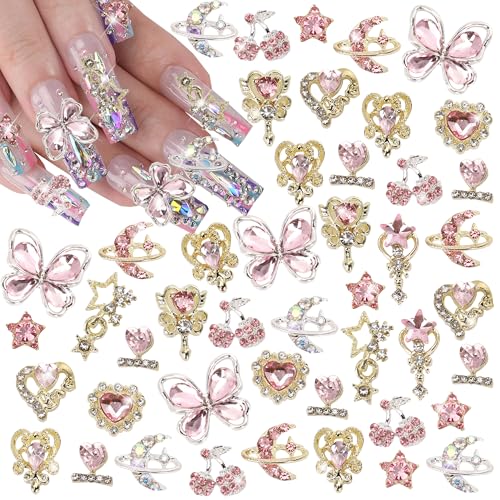COOSLIM 24PCS Nail Charms Y2k Alloy Nail Art Rhinestone Charms 3D Heart Star Sailor Moon Nail Charms with Rhinestones Cherry Nail Gems Shiny Jewelry Nail Decorations Supplies A