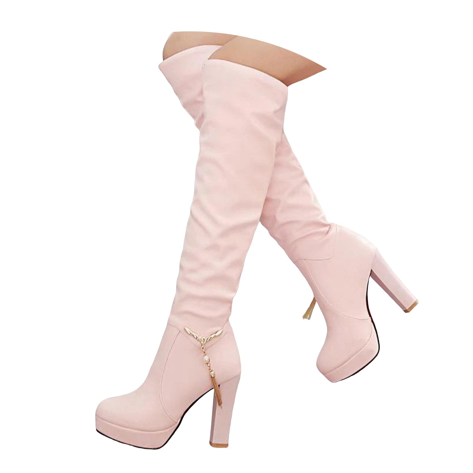 ZSpzx Women Leather Knee High Boots Wide Calf Chunky High Heels Platforms Pearl Deco Round Toe Solid Slip