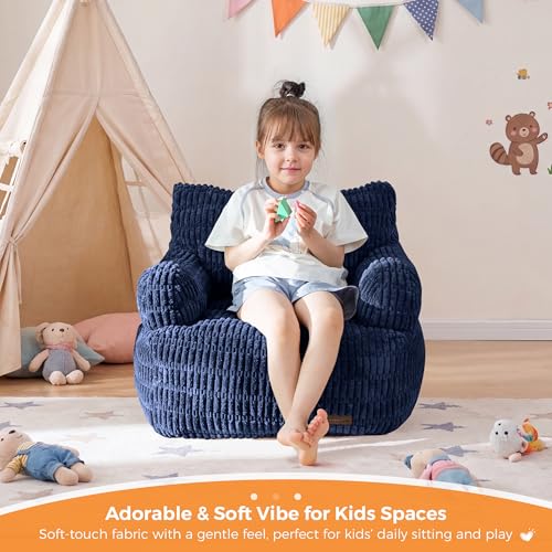 Image of MAXYOYO Kids Bean Bag Chair, Stuffed Toddler Bean Bag Sofa with Filler | Bean Bag Chair for Boys and Girls, Boho Striped Fabric Lazy Sofa with Pocket Floor Chair for Gaming, Reading, Navy