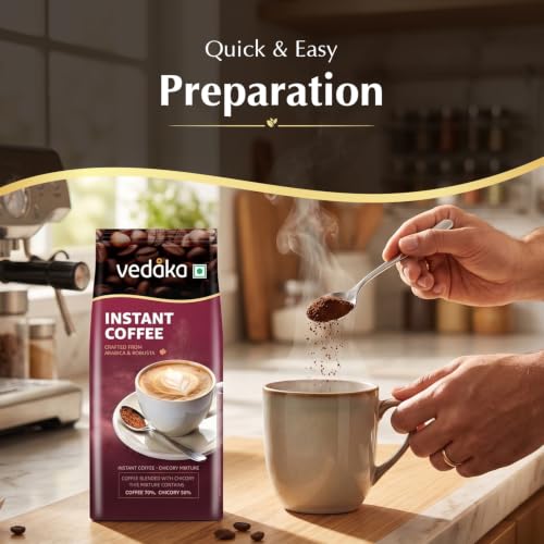 Image of Amazon Brand - Vedaka Instant Coffee 200 g | 70:30 Coffee Chicory Blend | Strong Aroma & Bold Taste | Medium Roast | Ready in Seconds