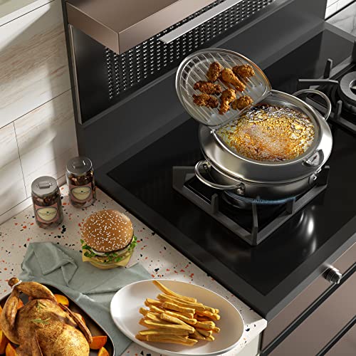 Image of Kerilyn Deep Fryer Pot, 11 Inch /4.2 L Janpanese Style Tempura Frying Pot with Lid, 304 Stainless Steel with Temperature Control and Oil Drip Drainer Rack, for Kitchen French Fries, Chicken etc