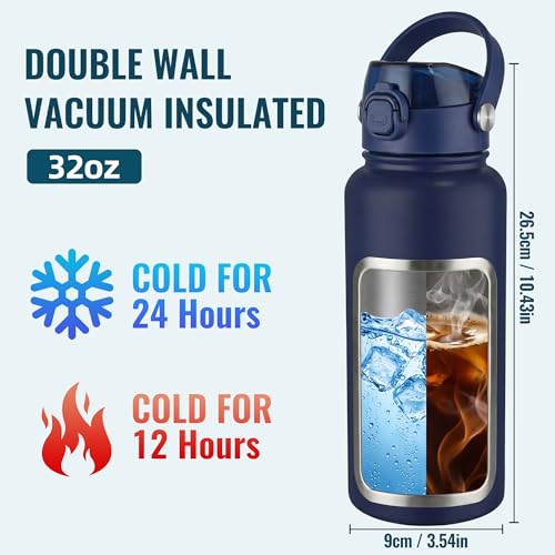 Image of OLDLEY 32oz Insulated Water Bottle with 2-in-1 Straw & Chug Lid, Leakproof Stainless Steel Bottle, Double Wall Vacuum Insulated Water Bottle for Sports, Gym, Travel,Navy