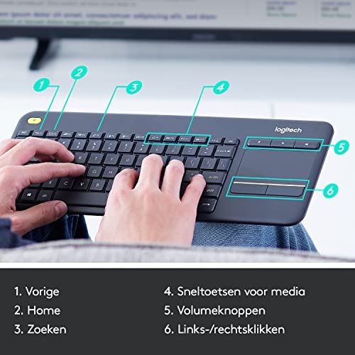 Logitech K400 Plus Draadloos Touch Toetsenbord, Huiskamer Toetsenbord, Home Cinema PC op TV, Touchpad, Windows/Android, Laptop/Tablet, Unifying Receiver, Zwart, Indeling: VS QWERTY - Afbeelding 7