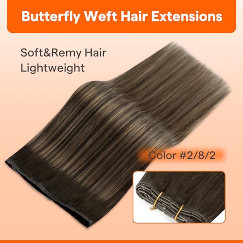 Image of Full Shine Butterfly Weft Hair Extensions 24 Inch 100G Dark Brown Hair Weft | Genius Weft Human Hair, Double Side Hole Weft Extensions, Micro Beads, Color Dark Brown To Light Brown Mix, Event Styling