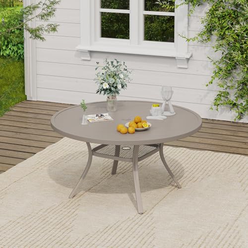 Image of VICLLAX 47.2 inch Round Patio Table, Outdoor Dining Table for 6 with Umbrella Hole for Garden Lawn Deck Backyard, Sandshell