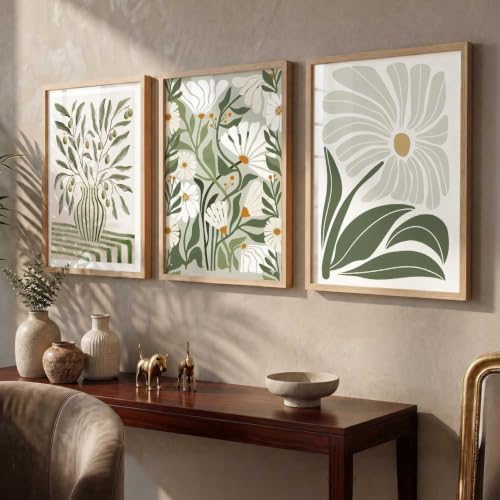 Image of kotart Aesthetic Boho Floral Art Home Decoration Painting | Floral Paintings With Frame For Living Room Bed Room Hotel Wall Decor Digital Reprint Set of 3 (19X25 inch)