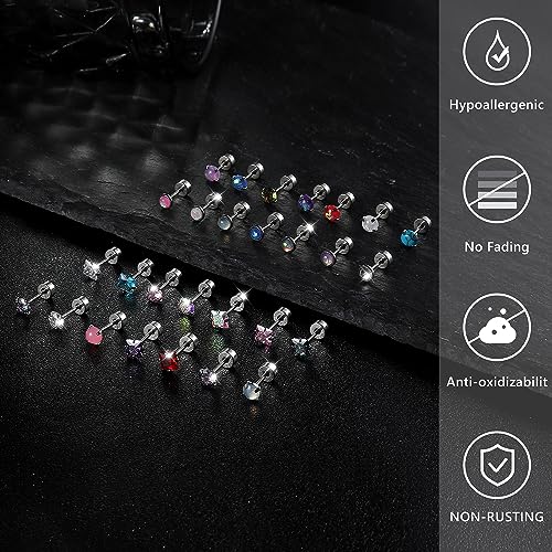 LOYALLOOK 28Pcs Hypoallergenic Stud Earrings Set for Women Men 316L Stainless Steel Cartilage Flat Back Stud Earrings CZ Opal Screwback Earrings Studs Piercing Jewelry Multicolored 20G3