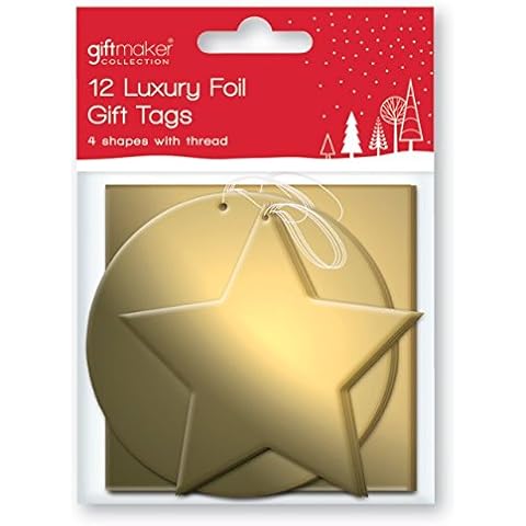 12 x Foil Christmas Xmas Present Shaped Gift Tags in Red Silver or Gold, Gold Cover