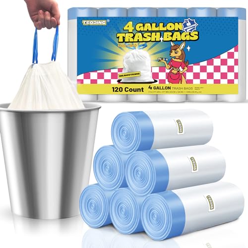 T.FORING 4 Gallon Trash Bags Drawstring 1.1 Mil - 120 Count White Small Garbage Bags Unscented for Bathroom, 15 Liter Thick Plastic Wastebasket Liners for Toilet Home Office and Bedroom