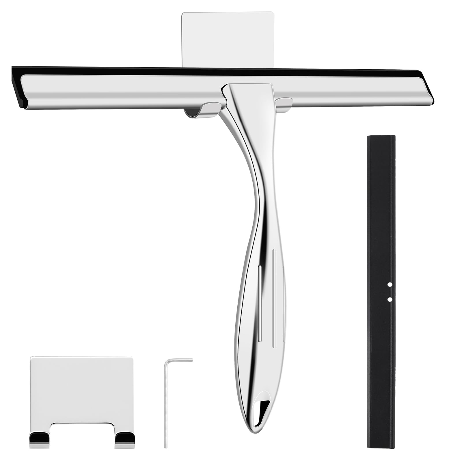 wlich Shower Squeegee, 10 Inch Stainless Steel Window Squeegee Cleaner for Shower Glass Door with Hook, Shower Screen Wiper for Bathroom, Window,Mirror and Car Glass