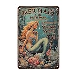 Mermaid Bathroom Decor Vintage Metal Sign Mermaid Wall Art Wash Your Tail Retro Beach Theme Bathroom Toilet Coastal Home Decor 12 x 8 Inch
