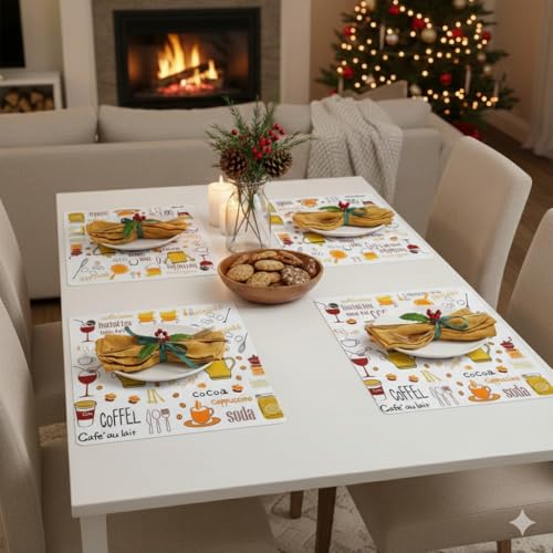 Image of YELONA Rectangular PVC Vinyl Non-Slip Insulation Heat-Resistant & Waterproof Stain Resistant Washable Placemat for Dining & Kitchen Table-(White & Orange,Set of 4)