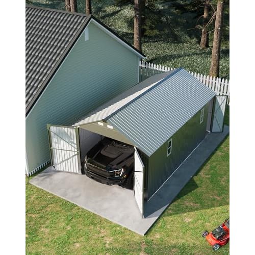 Garvee 12x20 ft Enclosed Metal Car Port, Carport with Vertical Steel Roof for All-Weather Use, Metal Garage Shed with Man Door for Full-Sized Pickup T