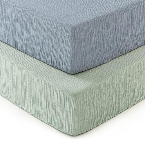 Image of david's kids Muslin Crib Sheets for Boys Girls, 2 Pack 100% Cotton Soft Breathable Fitted Baby Neutral Sheet Set, Standard 52"x28" Crib and Toddler Mattress, Sage Green & Dusty Blue