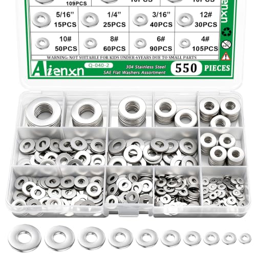 550PCS 12 SAE Sizes 304 Stainless Flat Washer Assortment Kit-1/2, 7/16, 3/8, 5/16, 1/4, 3/16, 12#, 10#, 8#, 6#, 4#, 2#, Flat Washers for Screws, Washers for Bolts
