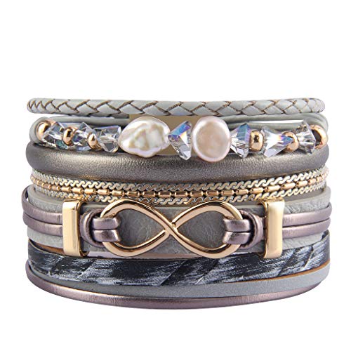 JOYMIAO Bracelet en Cuir tressé pour Les Femmes Agate Bracelet en Cuir Bracelet Manchette avec Fermoir magnétique Cadeau de Noël (Gris) Cover