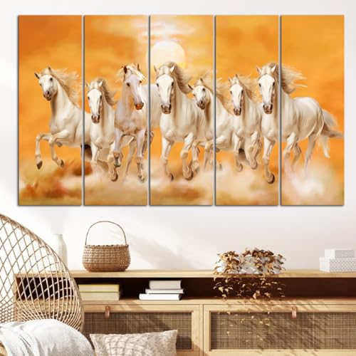 Image of Spacter art 7 Running Horse Wall Painting Vastu Seven Wall Art for Home Decor,Wall Painting for Living Room, Bedroom, Office, Peaceful Digital Painting Wooden Framed for Gifting (30x60 inch) SP383