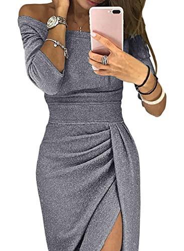 Off The Shoulder Formal Wedding Evening Party Prom Cocktail Dress Gray Womens Gown Elegant High Slit Waist Dress Large (US 12-14) Gray