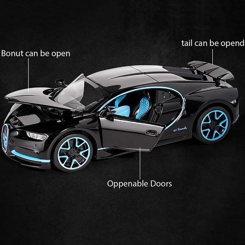 Image of Kids Model 1:32 Bugatti Chiron Die Cast Metal Car Pull Back Action Opening Doors with Realistic Engine Sound Lights Toy Car Gift for Boys - Black