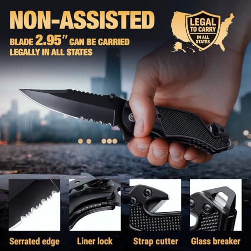 Image of GOOD WORKER Legal Pocket Knife with 2.95 inch Serrated Blade, Glass Breaker, Seat Belt Cutter - EDC Sharp Folding Knives with Portable Clip - Small Tool for Tactical Camping Survival Hiking - Gifts for Men, Women