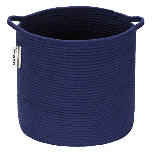 Sea Team Woven Cotton Rope Laundry Basket, 14 x 14 Inches, Navy