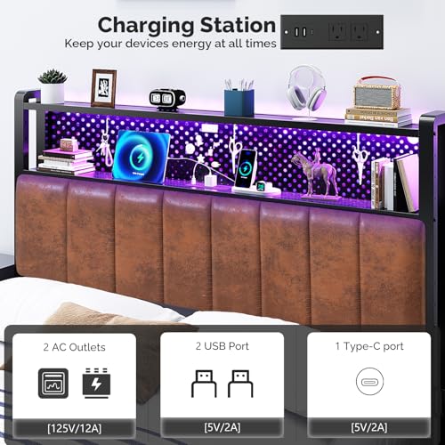 Image of VINGLI Full Size Headboard for Bed with 2 Tier Storage Shelves, Faux PU Leather Upholstered Head Board with Charging Stations,LED Light and Pegboard,Height Adjustable,Industrial Brown