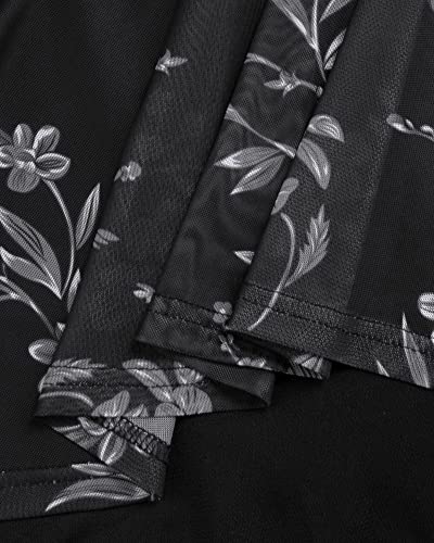 Valolia 3/4 Sleeve Tops For Woman, V Neck Double Layered Lightweight Blouse Women's Elegant Sophisticated Office Wear Strechy Breathable Not See Through Drape Shirt Pleated Floral Multi Black L #TOP3