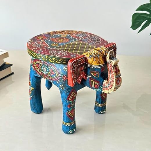 Handcrafted Wooden Elephant Stool Blue