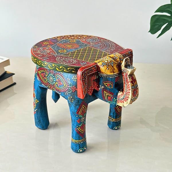 RHEA STORE Blue Elephant Mini Stool | Wooden Decorative Accent Table for Kids or Corner Decor-image-23