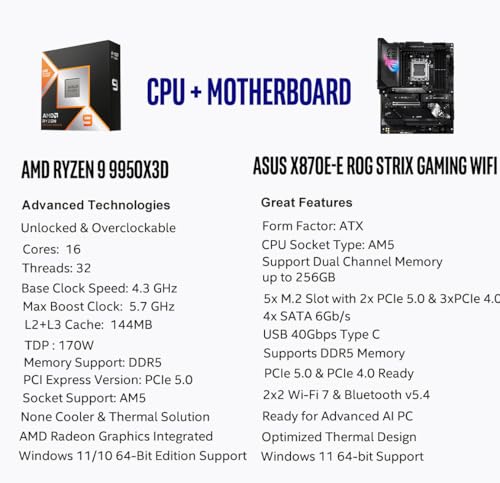 Image of Micro Center AMD Ryzen 9 9950X3D CPU Processor with ASUS ROG Strix X870E-E Gaming WiFi X870 ATX Motherboard (18+2+2 Power Stages, WiFi 7, 5X M.2, PCIe 5.0, USB4)