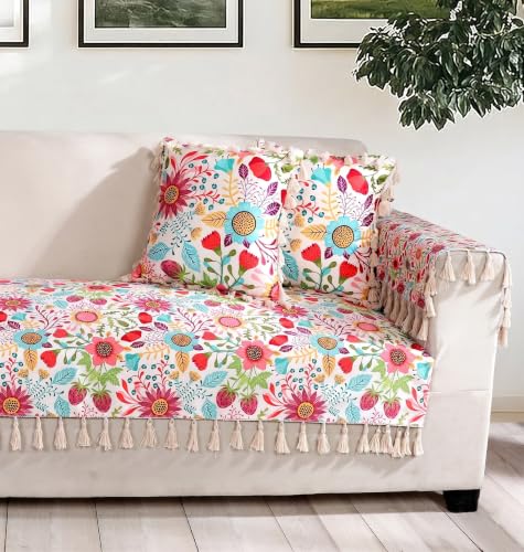 Image of ishro home Premium Sofa Cover 2 Seater Protecter with 2 Handle Covers - Soft European Standard Fabric, Frill Design, Machine Washable | (Sun Garden, 2 Seater, Seat Cover)