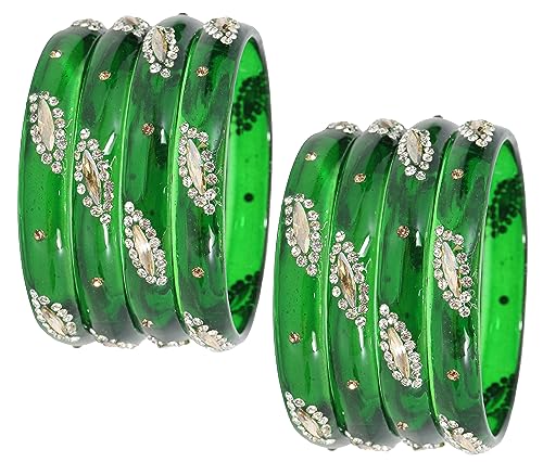 NMII Glass with Zircon Gemstone Studded Kada Bangles Set For Girls and Women| (Pack of 8), (GK33-PO2-DGreen-2.6) Deal