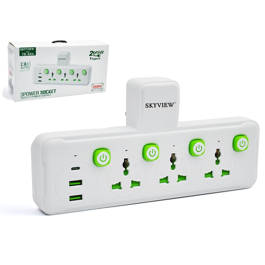 Sky View Multi Plug Wall Outlet Extender,2500W,3 Way Electrical Outlet Extender With 2 USB And 1 Type-C Port,Universal Plug Adapter,Charging Station for Home, Office,Individually Switched (White)
