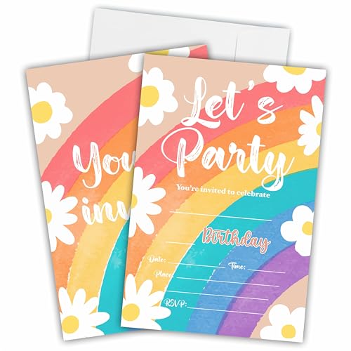 Ketsord Rainbow Daisy Birthday Invitations, Party Invites For Kids, Teens,Adults, Birthday Celebration, Party Supplies & Decorations (20 Cards & Envelopes) - A08