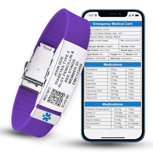 QR Code Medical Alert ID Sport Bracelet – Scannable Emergency Medical Card (EMC) – Custom Engraved 4-Line Plate – Waterproof Active Medical ID for Allergies, Diabetes, Heart Conditions, ICE Contacts