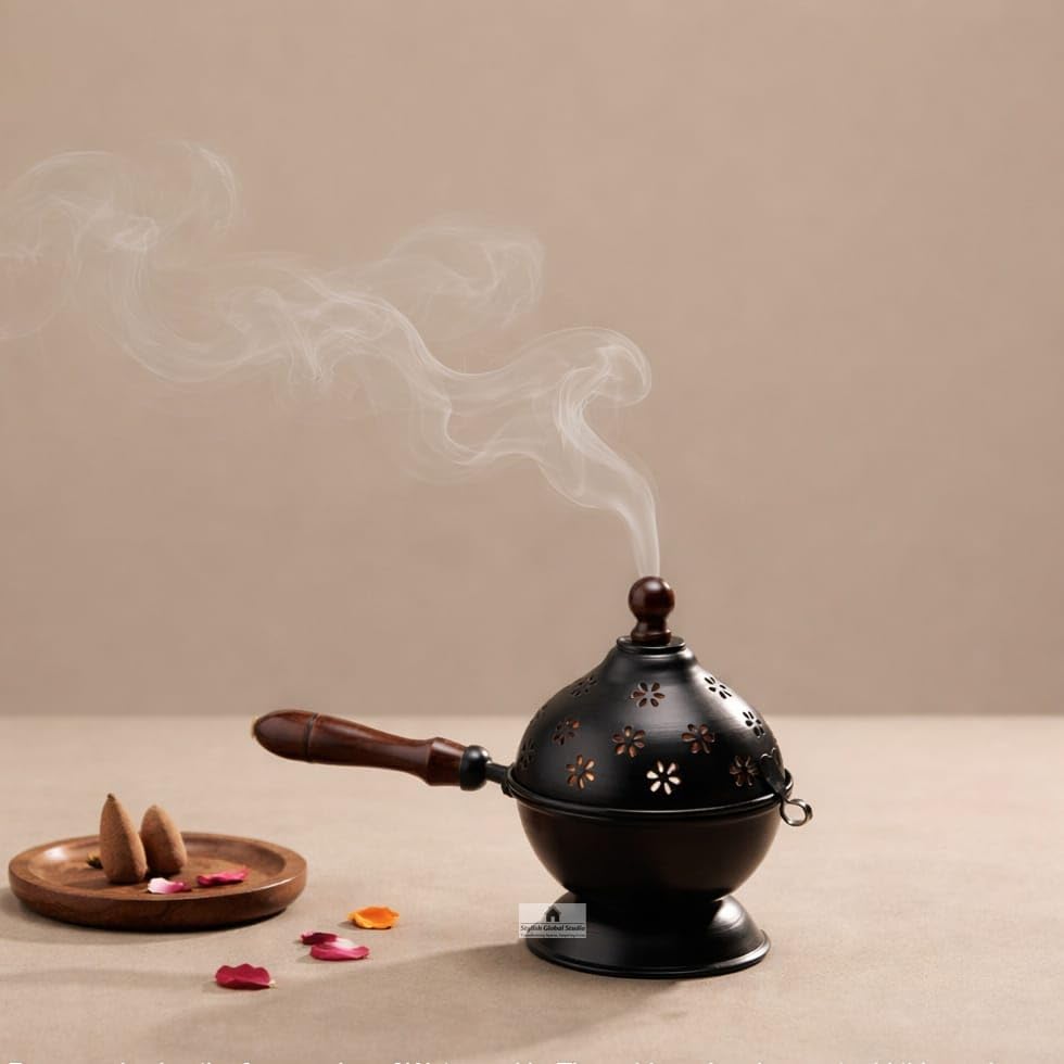 Image of Stylish Metal Dhoop Holder Incense Burner Loban Dani Dhoop Dani Aarti Metal Loban Dhoop Dani /Dhoop Dani Stand Burner for Home Office Temple Puja. (Black)
