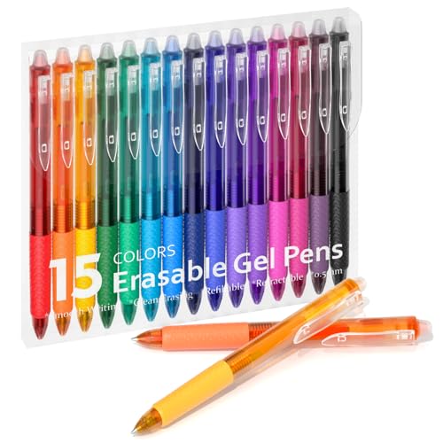 Image of Lineon Erasable Gel Pens, 15 Colors Retractable 0.5mm Fine Point Erasable Pens Clicker for Back to School, Assorted Color Inks, Make Mistakes Disappear for Drawing Writing Planner & Crossword Puzzles