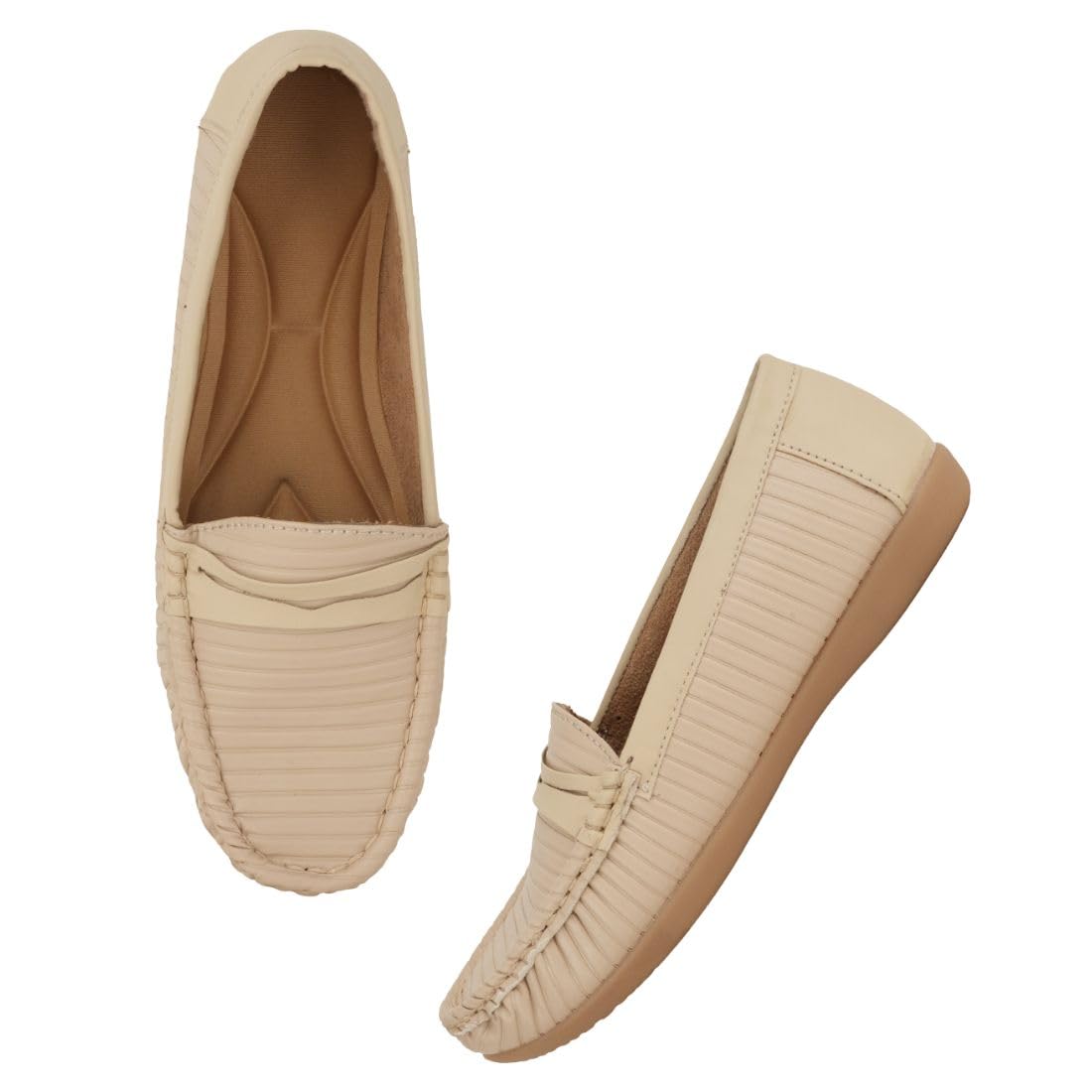 belve paris Women's Cream Textured Loafers, Casual Formal Slip-On Shoes with Cushioned Insole-picture-12