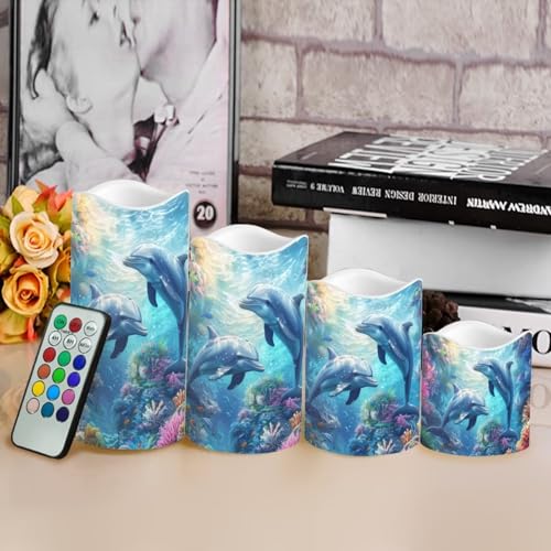 Image of Sea Dolphin Flameless Candles with Remote Color Changing Battery Operated Pillar Candles with Flickering Flame Electric Fake Plastic Candles Tea Light Living Room Dining Table Decor
