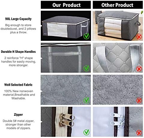 90L Underbed Storage Bags with Zips, Large Clothes Storage Bags with Strengthened Handles, Breathable Duvet Storage Bag King Size for Comforters, Clothes, Quilt, Blankets, Bedding, No-Smell