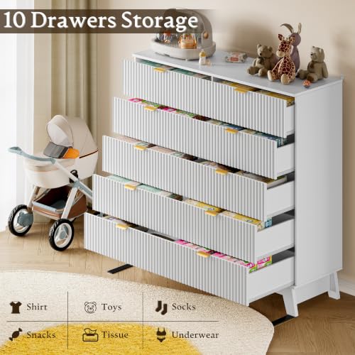 Image of BORNOON 46 inch Tall Dresser for Bedroom, 10-Drawer Fluted Chest of Drawers, Modern Wood Highboy with Metal Slides and Handles, Anti-Tip Kit, Vertical Clothes Storage Organizer for Apartment, Closet