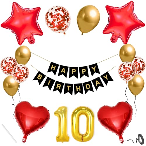 10th Happy Birthday Decoration Kit Red Gold for Ten Year Old Boys...