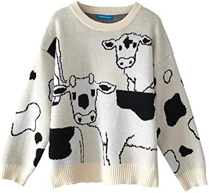 Women's Cow Print Thick Knit Loose Cute Winter Sweater Female Casual Kawaii Casual Girl Pullover Knitting Pullover for Women White