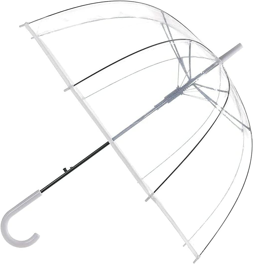 DOME SEE THRU WEDDING UMBRELLA CLEAR WITH WHITE HANDLE & TIP & DEEPEST DOME FOR PROTECTION