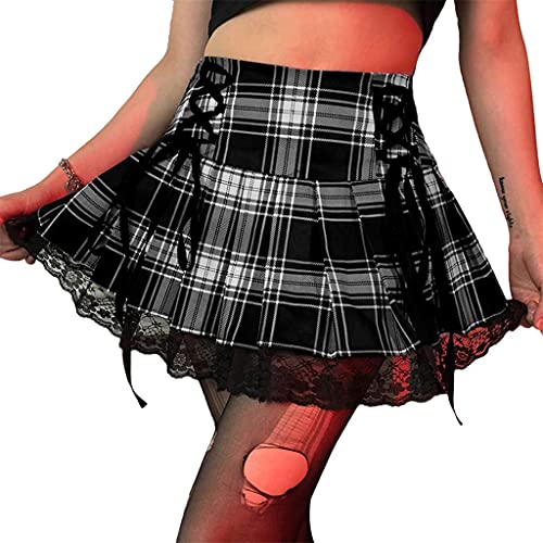 ORANDESIGNE Femmes Y2k Mini Jupe Harajuku Goth Punk Jupe A-Ligne Gothique Mini Jupes Plissées Taille Haute Taille Basse Plaid Patineuse Dentelle Jupe en Maille Jupe À Carreaux C Noir L