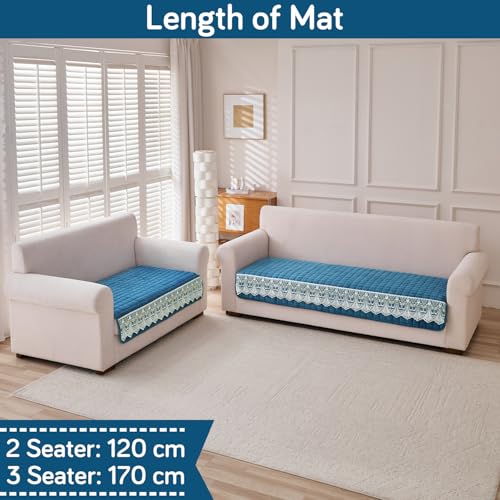 Image of HOKIPO 'BelleLace Series' 5 Seater Sofa Cover Mat in 3+2 Seater Combination | Imperial Milk Velvet with Anti Slip Backing, Celadon Blue (AR-5966+5964-BL)
