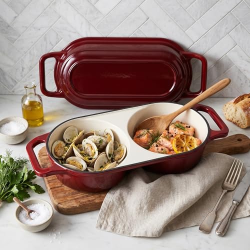 Image of Double Dutch Oven Pot with Lid, 2.2QT Enameled Cast Iron Bread Loaf Pan, Mini Dutch Oven For Sourdough Bread Baking, 500F Oven Safe Non Stick Dual Round Bread Pan, Bread Oven, 16.5cm Diameter, Red