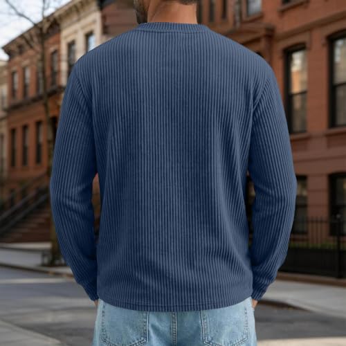 Corduroy Shirt Men Henley Shirts for Men Long Sleeve Button Down Fall Clothes Ribbed Corduroy Sweatshirt Navy Large - image 6