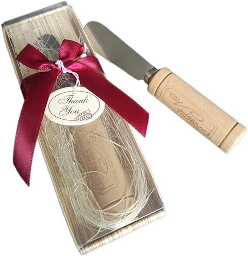 KateMelon Paquete de 50 esparcidores de queso de acero inoxidable grabados personalizados con mango de corcho de vino, regalo perfecto para bodas