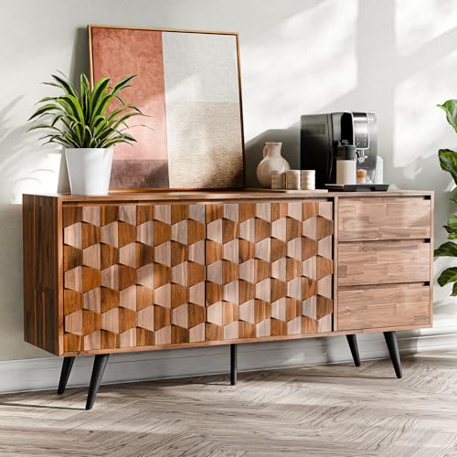 Bme Georgina Solid Wood Sideboard with Geometric Pattern, 2 Doors